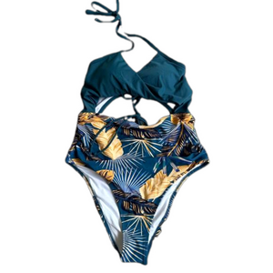 Women's Cupshe Teal & Yellow Floral Print Swimsuit Size L